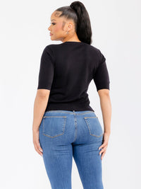 WOMEN'S SHORT SLEEVE STITCHED DETAILED RIBBED BLOUSE