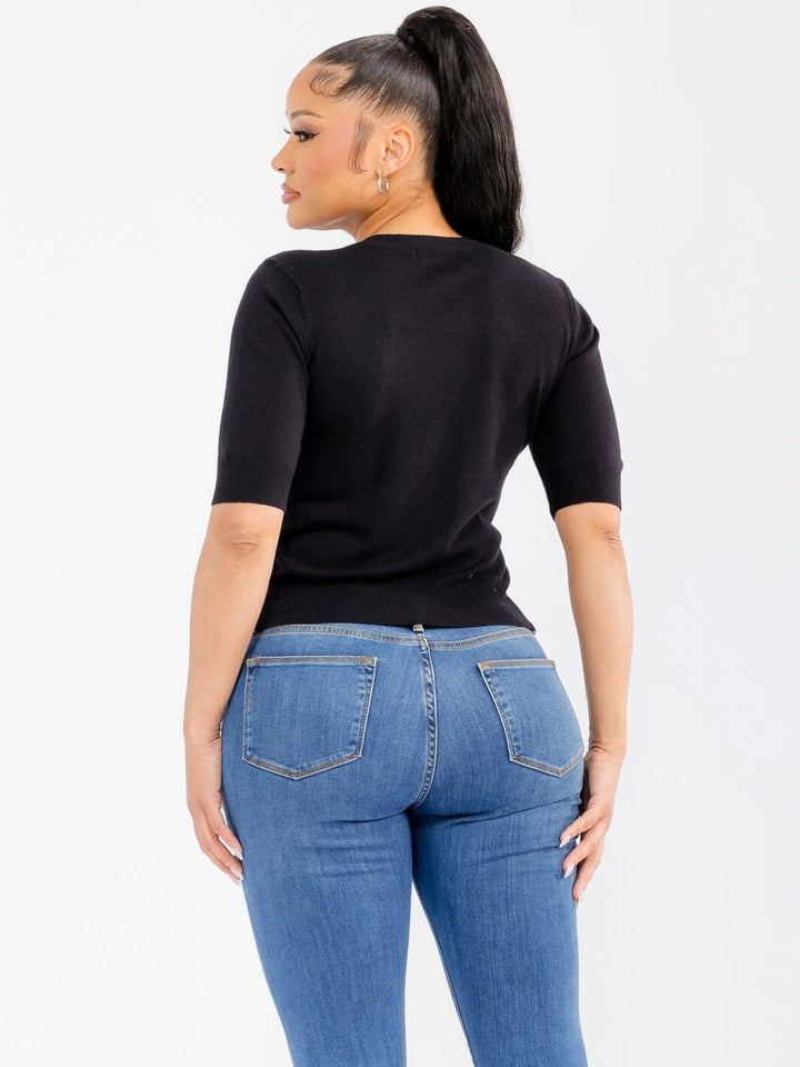 WOMEN'S SHORT SLEEVE STITCHED DETAILED RIBBED BLOUSE