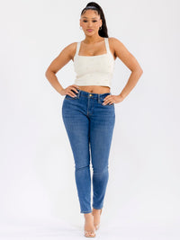 WOMEN'S SLEEVELESS SQUARE NECK PEARL DETAILED CROP TANK TOP