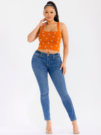 WOMEN'S SLEEVELESS SQUARE NECK PEARL DETAILED CROP TANK TOP
