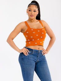 WOMEN'S SLEEVELESS SQUARE NECK PEARL DETAILED CROP TANK TOP
