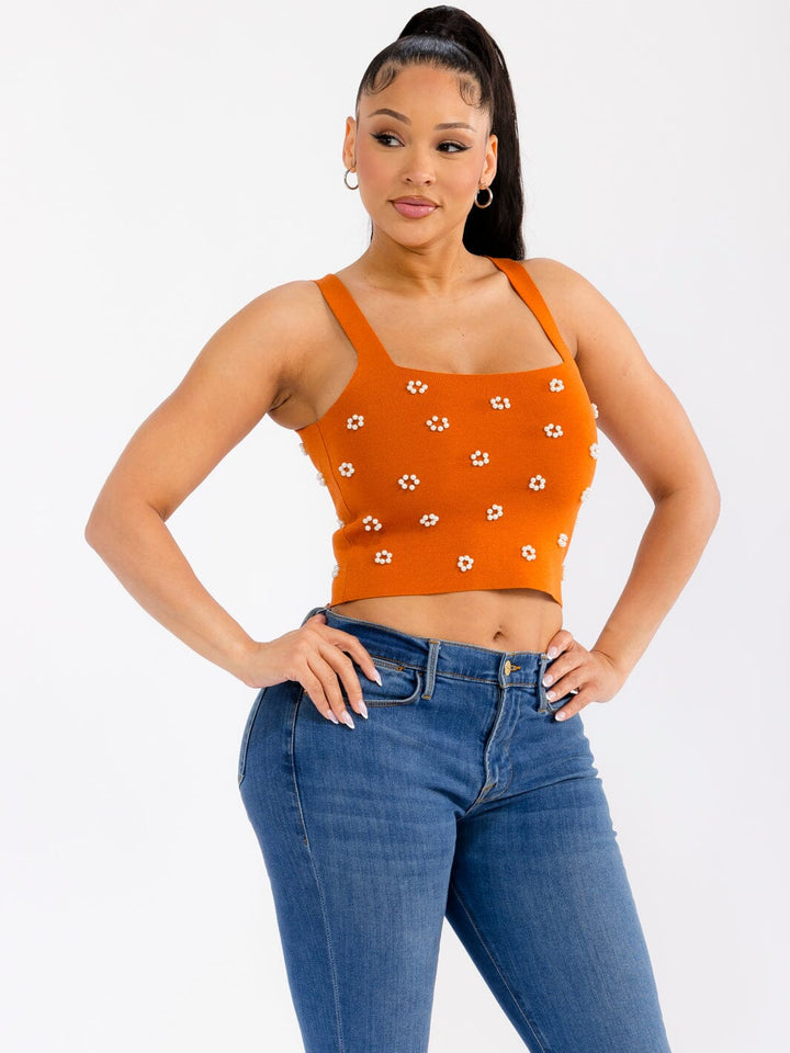 WOMEN'S SLEEVELESS SQUARE NECK PEARL DETAILED CROP TANK TOP