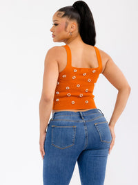 WOMEN'S SLEEVELESS SQUARE NECK PEARL DETAILED CROP TANK TOP