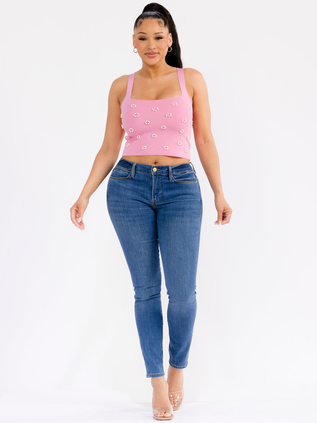 WOMEN'S SLEEVELESS SQUARE NECK PEARL DETAILED CROP TANK TOP