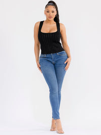 WOMEN'S SLEEVELESS SQUARE NECK RHINESTONES DETAILED TANK TOP