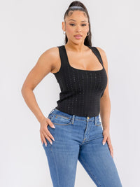 WOMEN'S SLEEVELESS SQUARE NECK RHINESTONES DETAILED TANK TOP
