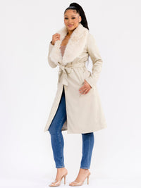 WOMEN'S LONG SLEEVE OPEN FRONT SELF TIE FRONT POCKETS REMOVABLE FAUX-FUR COLLAR PU PLEATHER COAT