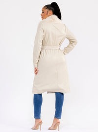 WOMEN'S LONG SLEEVE OPEN FRONT SELF TIE FRONT POCKETS REMOVABLE FAUX-FUR COLLAR PU PLEATHER COAT