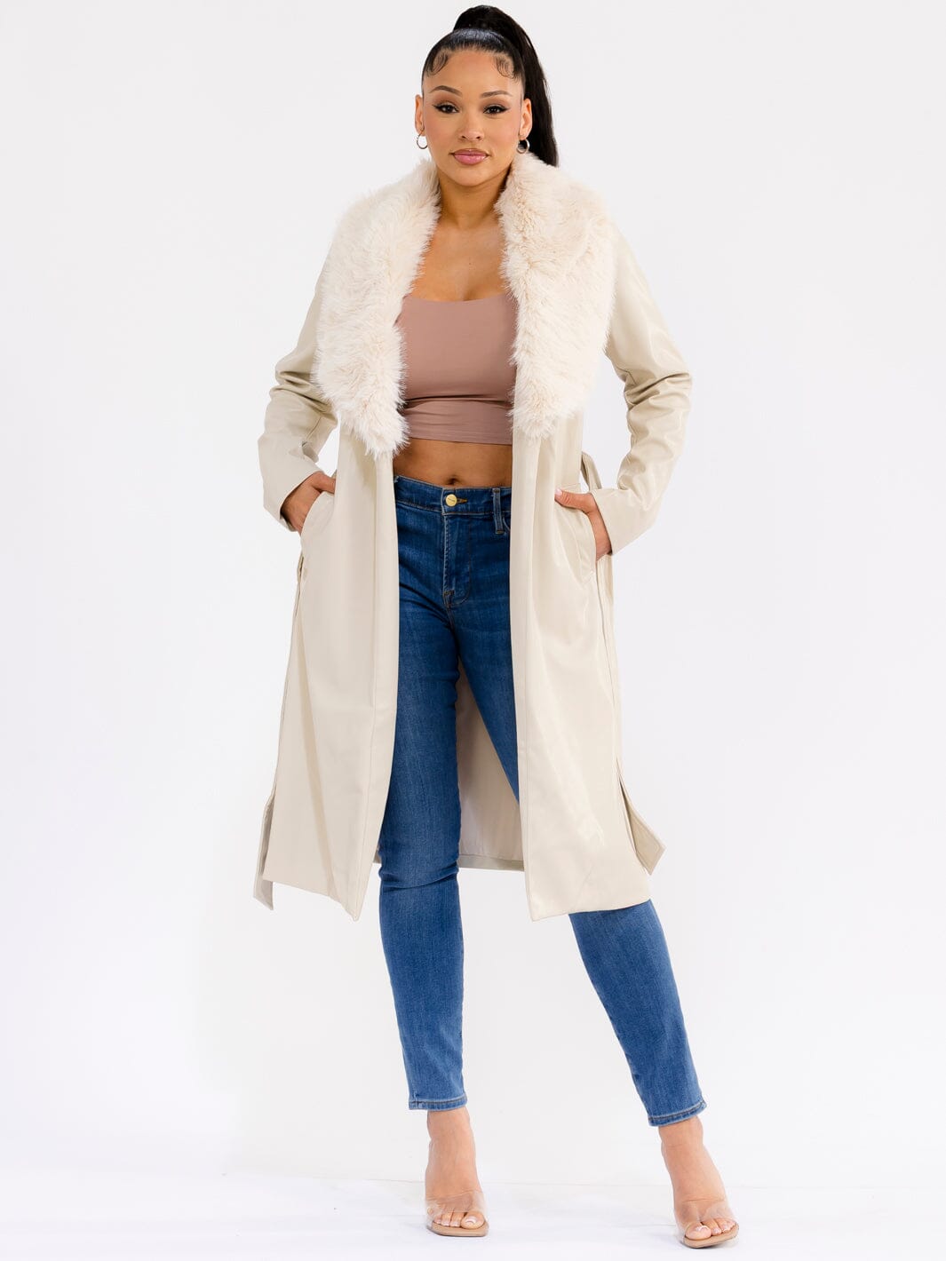 WOMEN'S LONG SLEEVE OPEN FRONT SELF TIE FRONT POCKETS REMOVABLE FAUX-FUR COLLAR PU PLEATHER COAT