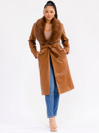 WOMEN'S LONG SLEEVE OPEN FRONT SELF TIE FRONT POCKETS REMOVABLE FAUX-FUR COLLAR PU PLEATHER COAT