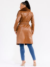 WOMEN'S LONG SLEEVE OPEN FRONT SELF TIE FRONT POCKETS REMOVABLE FAUX-FUR COLLAR PU PLEATHER COAT