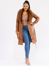 WOMEN'S LONG SLEEVE OPEN FRONT SELF TIE FRONT POCKETS REMOVABLE FAUX-FUR COLLAR PU PLEATHER COAT