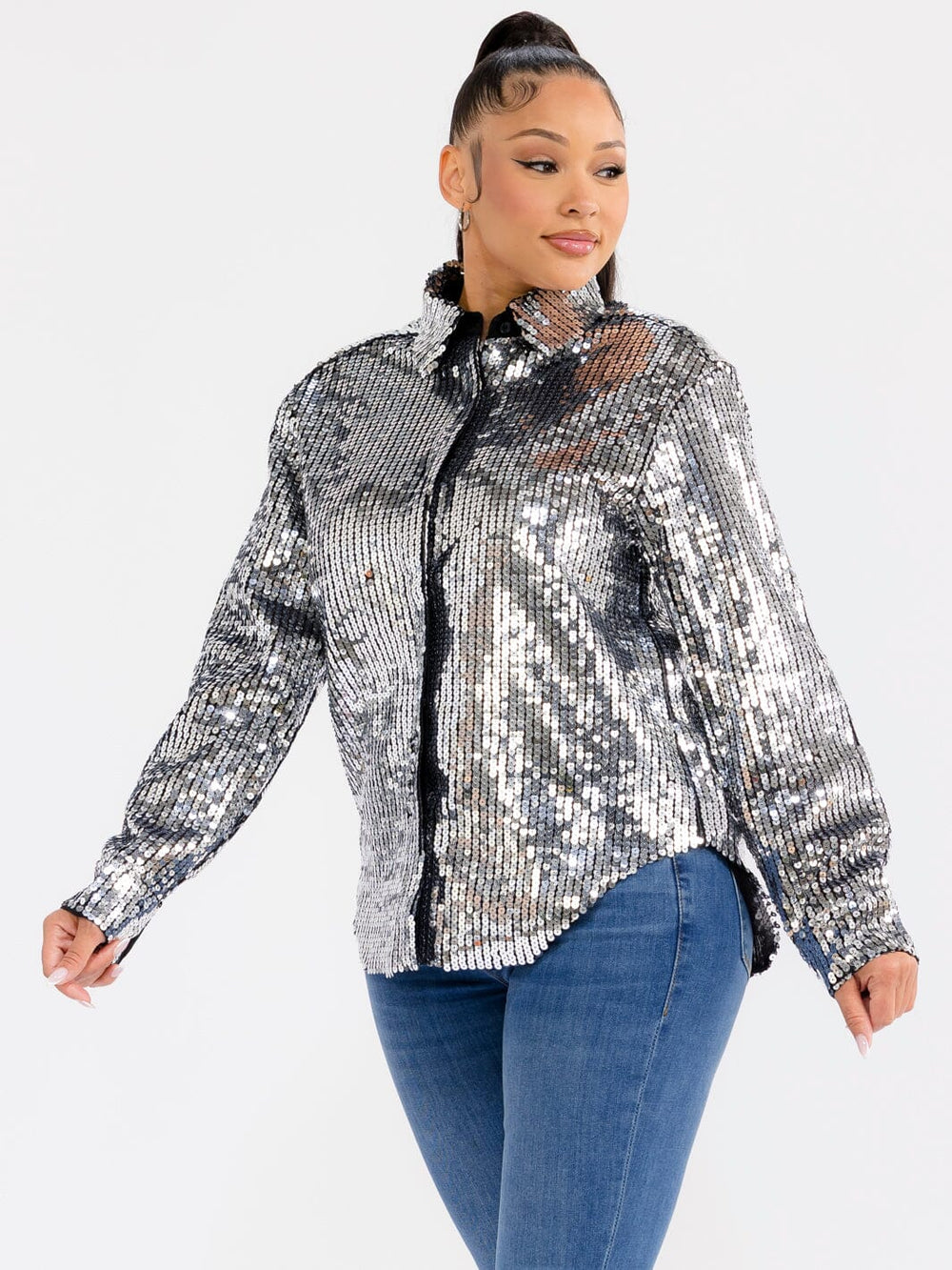 WOMEN'S LONG SLEEVE BUTTON CLOSURE SEQUINS TOP