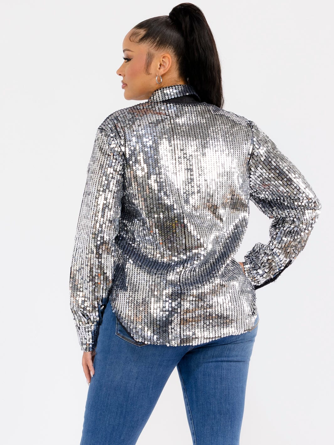 WOMEN'S LONG SLEEVE BUTTON CLOSURE SEQUINS TOP
