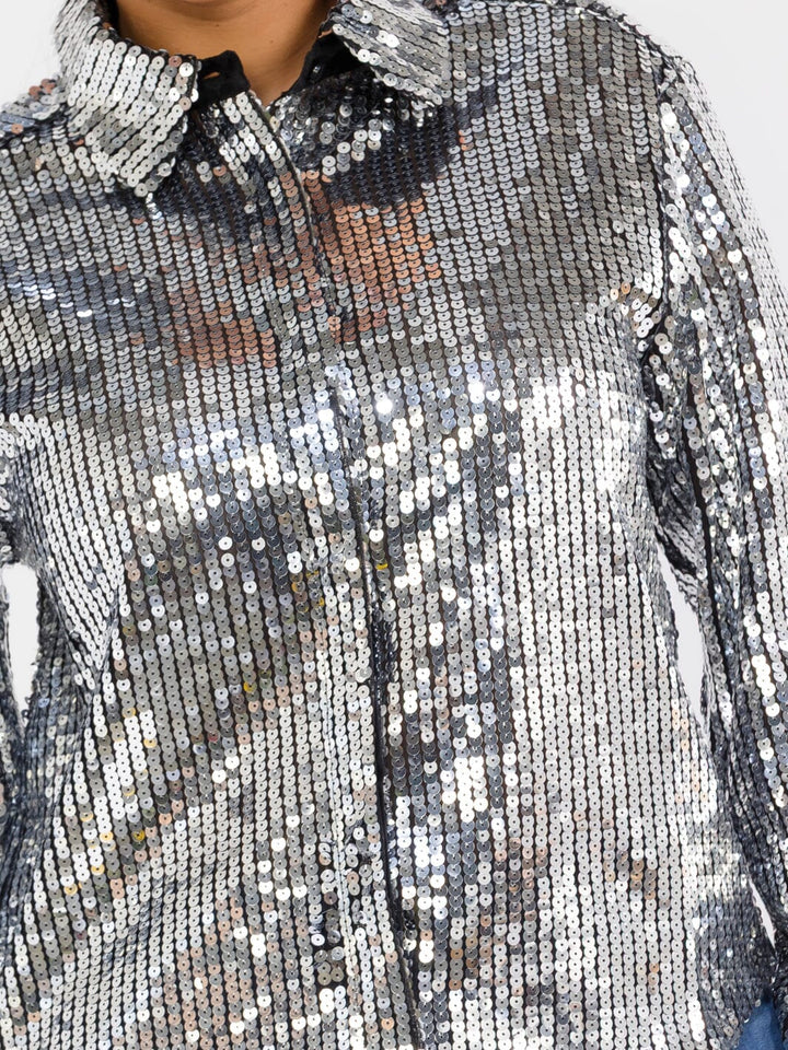 WOMEN'S LONG SLEEVE BUTTON CLOSURE SEQUINS TOP
