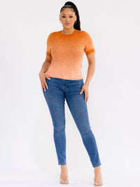 WOMEN'S SHORT SLEEVE OMBRE RHINESTONES TOP