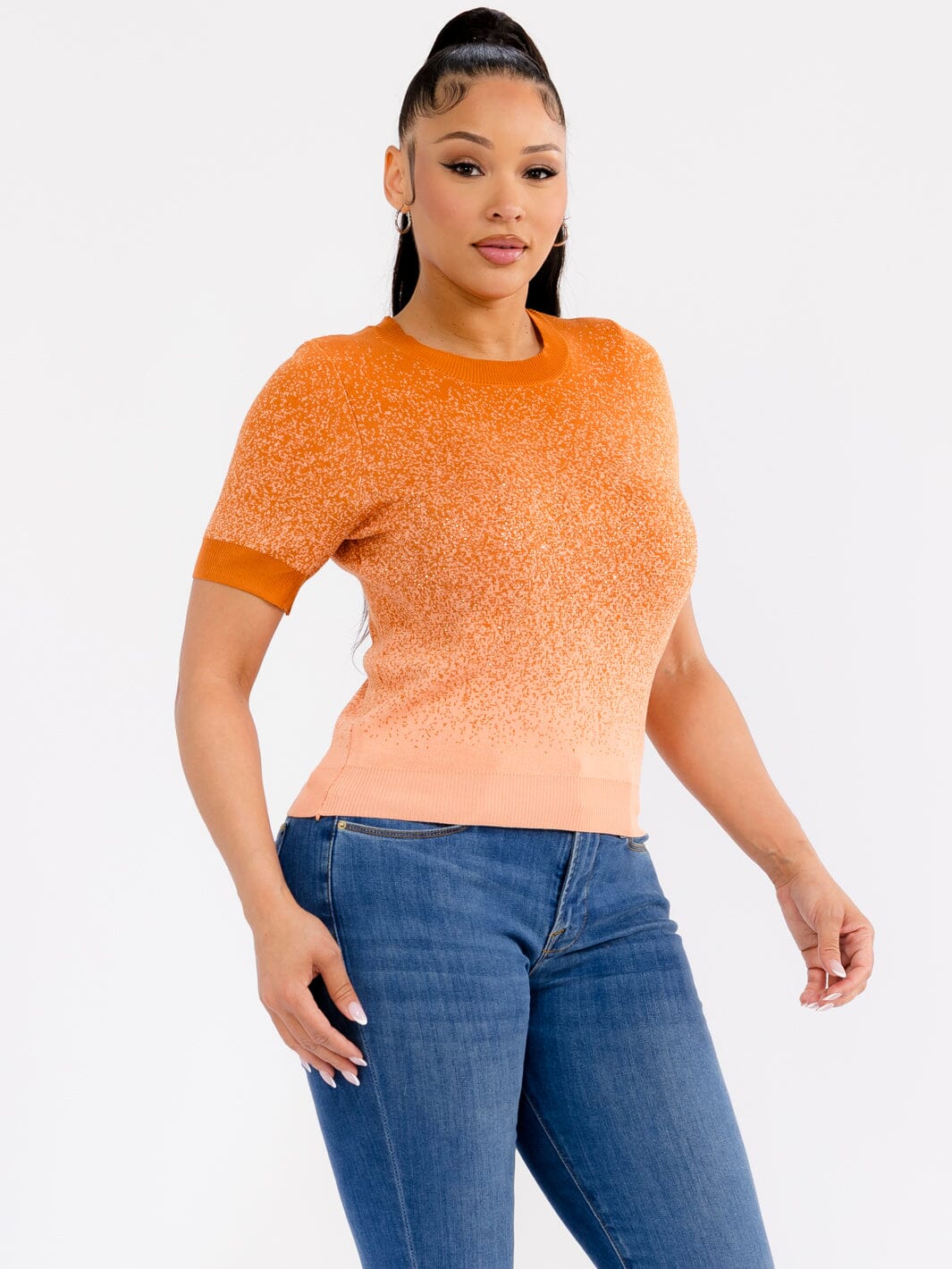 WOMEN'S SHORT SLEEVE OMBRE RHINESTONES TOP
