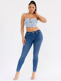WOMEN'S SLEEVELESS BELTED DENIM CROP TUBE TOP