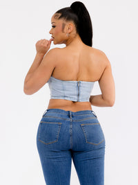 WOMEN'S SLEEVELESS BELTED DENIM CROP TUBE TOP