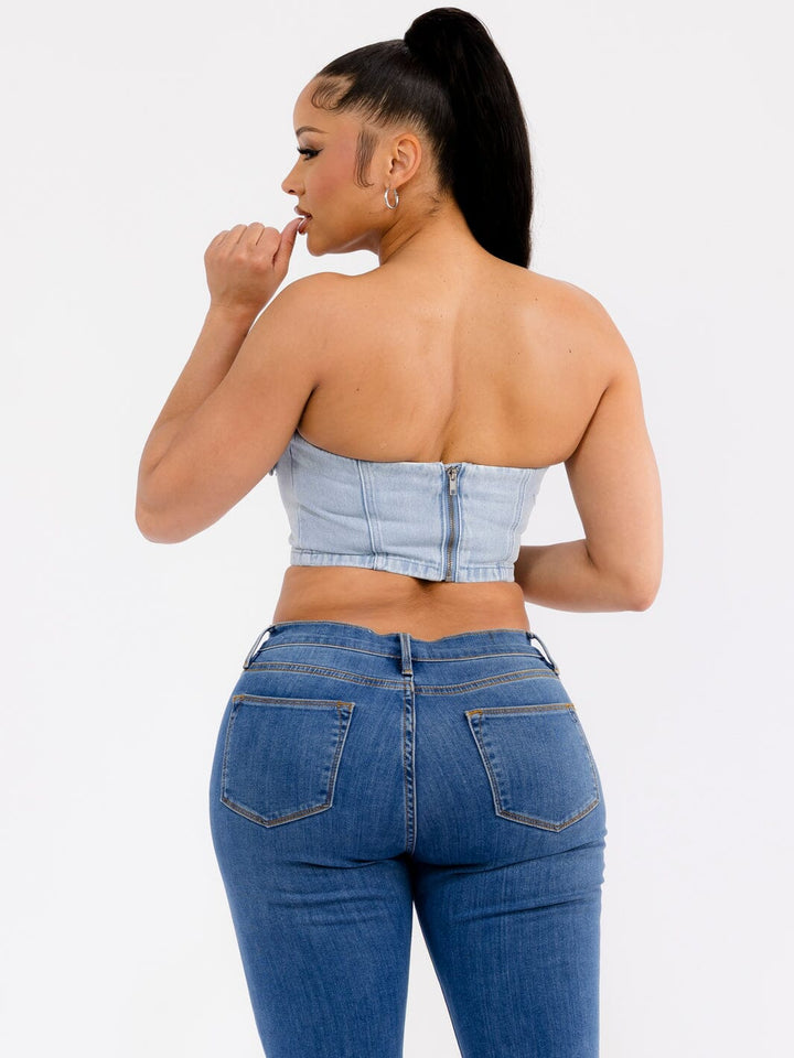 WOMEN'S SLEEVELESS BELTED DENIM CROP TUBE TOP