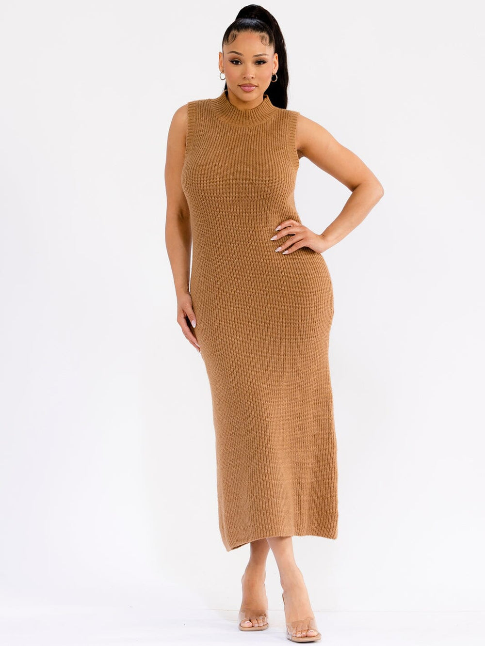 WOMEN'S SLEEVELESS MOCK NECK SHIMMER RIBBED BODYCON MAXI DRESS
