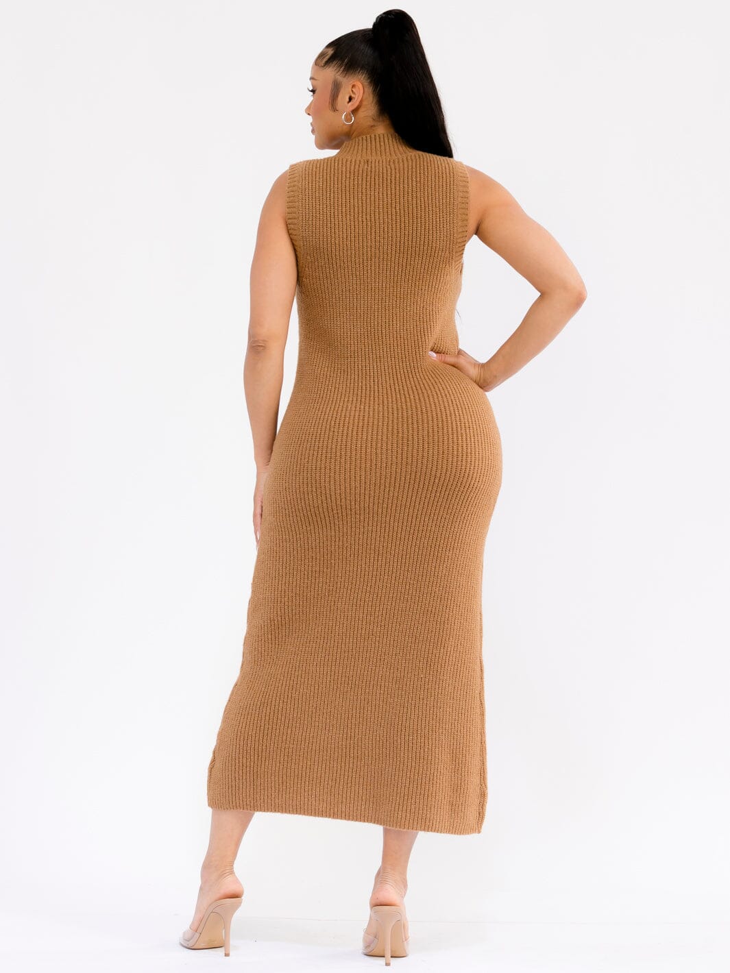 WOMEN'S SLEEVELESS MOCK NECK SHIMMER RIBBED BODYCON MAXI DRESS
