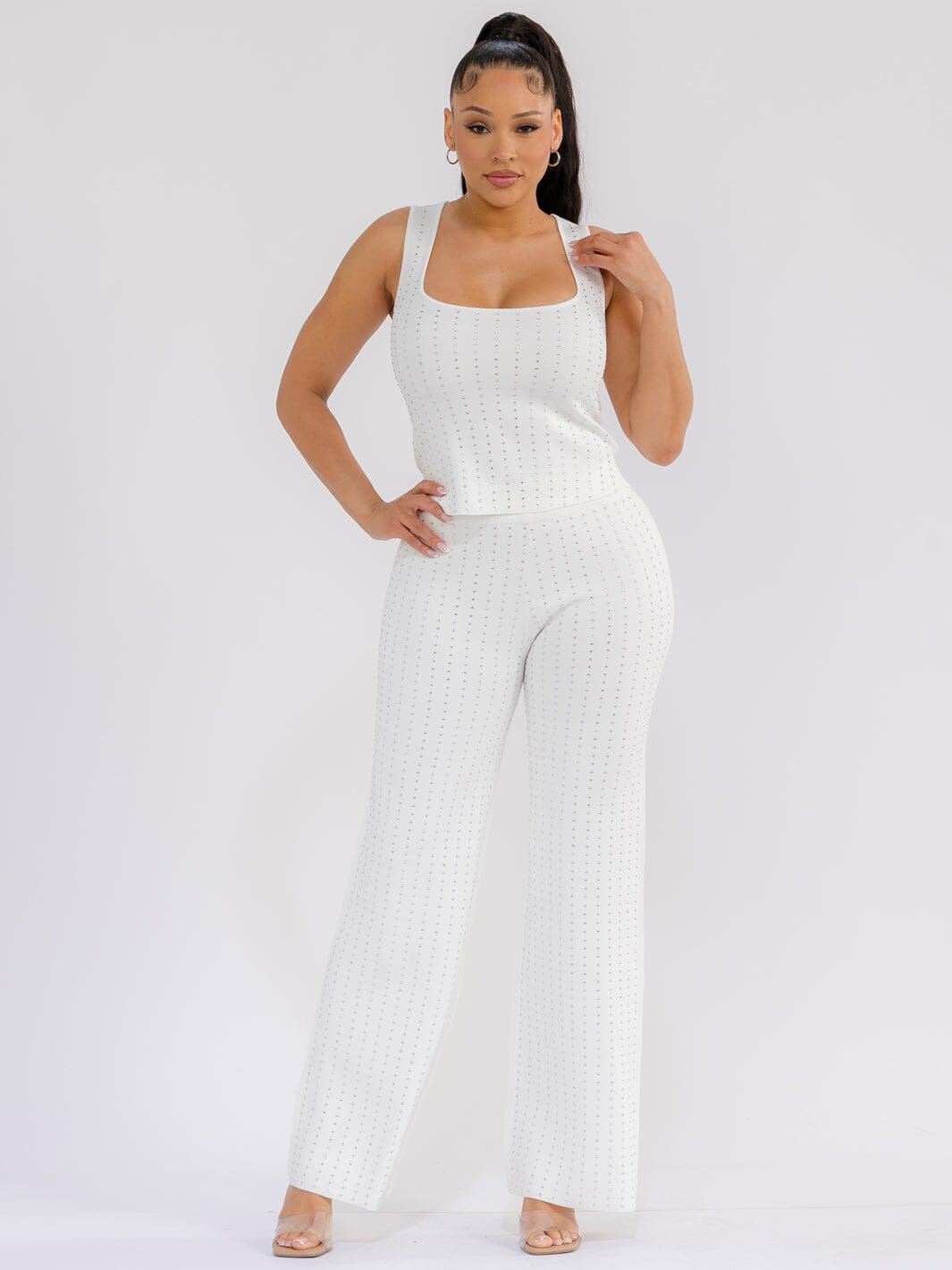 WOMEN'S SLEEVELESS TANK TOP & ELASTIC WAIST WIDE LEG PANTS RHINESTONES 2PC. SET