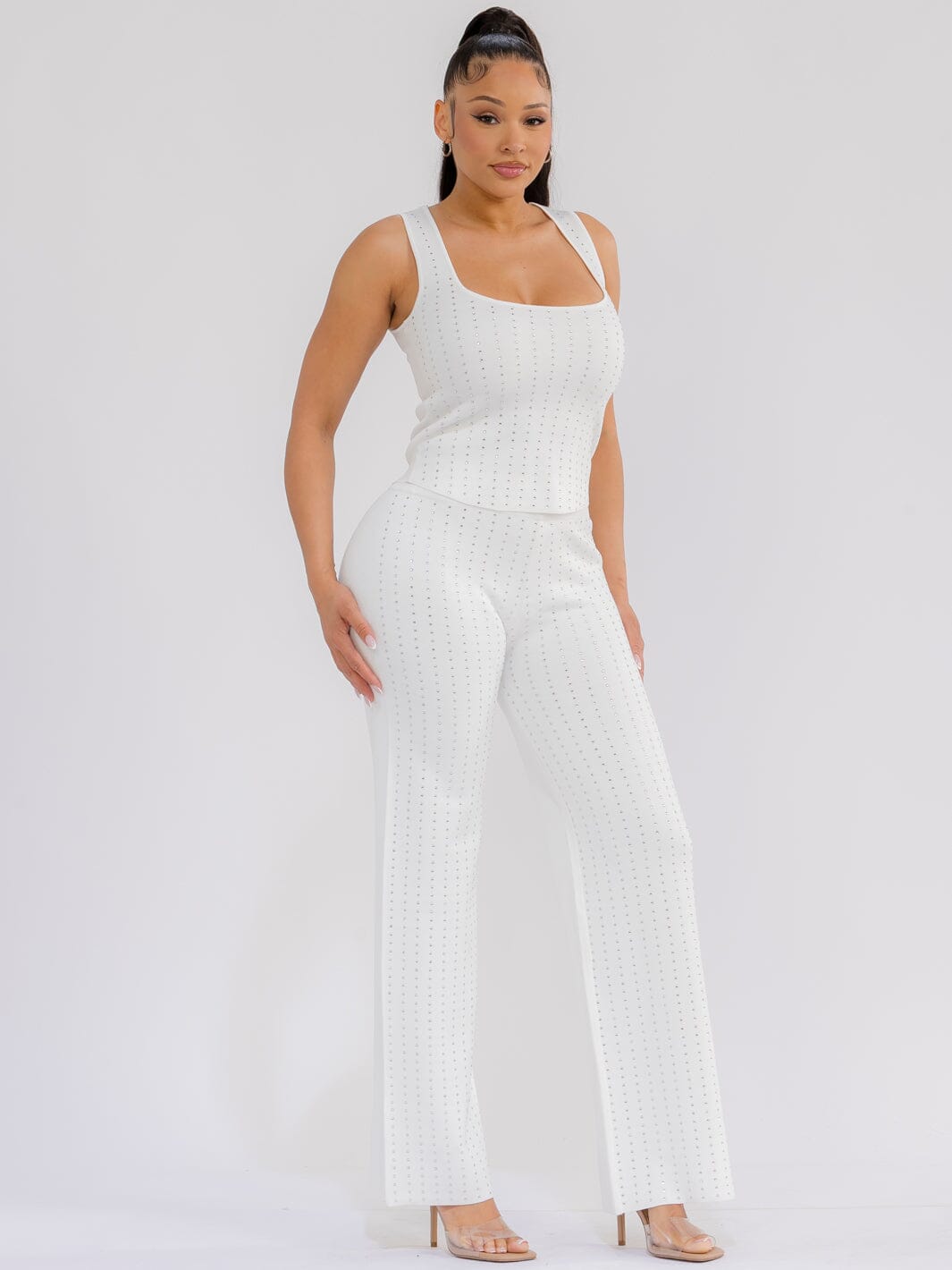 WOMEN'S SLEEVELESS TANK TOP & ELASTIC WAIST WIDE LEG PANTS RHINESTONES 2PC. SET