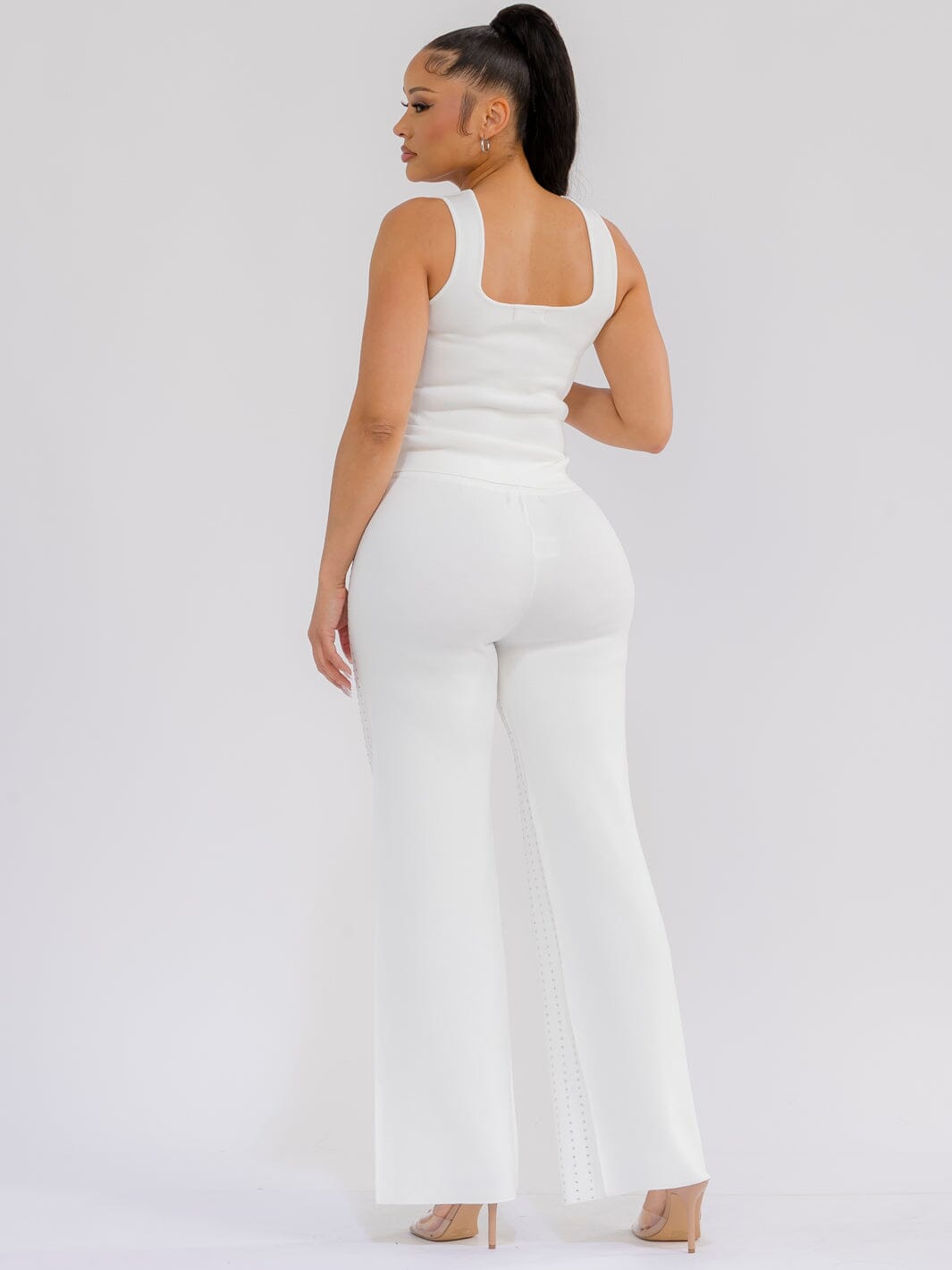 WOMEN'S SLEEVELESS TANK TOP & ELASTIC WAIST WIDE LEG PANTS RHINESTONES 2PC. SET