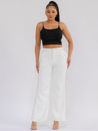 WOMEN'S BUTTON CLOSURE SIDE PEARL DETAILED WIDE LEG PANTS