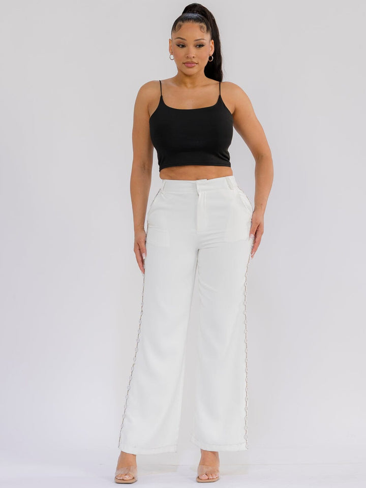 WOMEN'S BUTTON CLOSURE SIDE PEARL DETAILED WIDE LEG PANTS