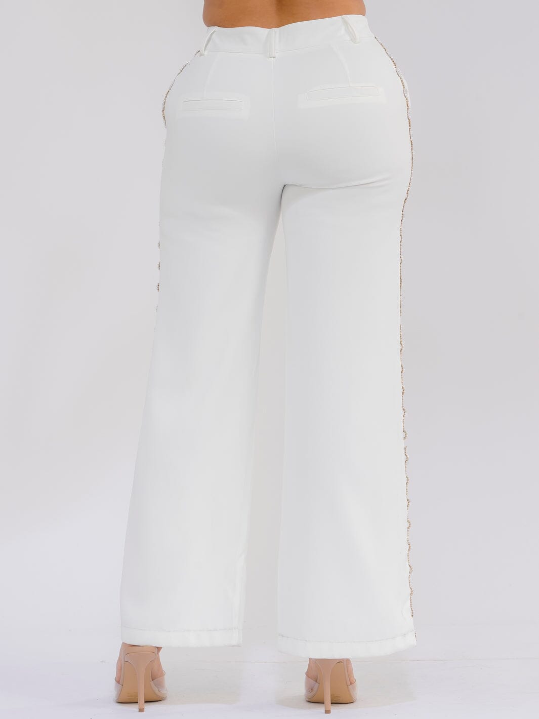WOMEN'S BUTTON CLOSURE SIDE PEARL DETAILED WIDE LEG PANTS