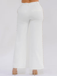 WOMEN'S BUTTON CLOSURE SIDE PEARL DETAILED WIDE LEG PANTS