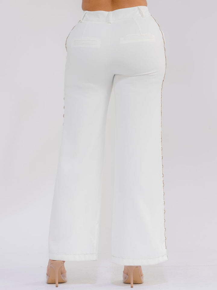 WOMEN'S BUTTON CLOSURE SIDE PEARL DETAILED WIDE LEG PANTS