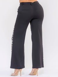 WOMEN'S BUTTON CLOSURE SIDE PEARL DETAILED WIDE LEG PANTS