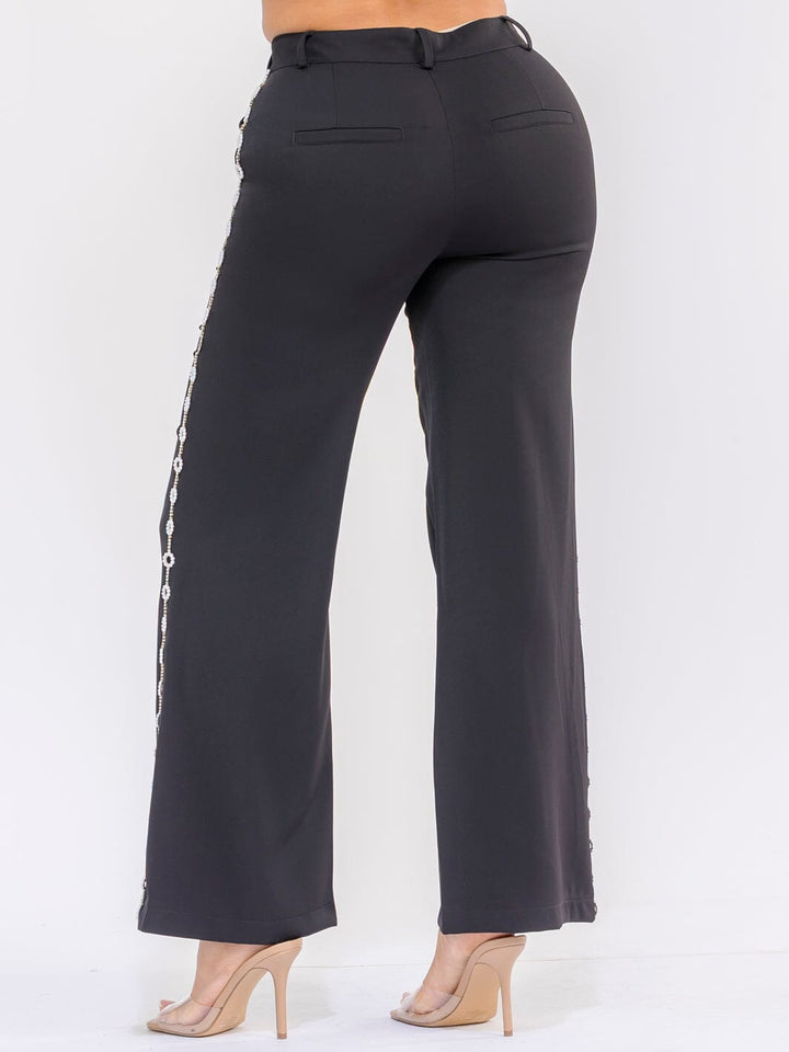 WOMEN'S BUTTON CLOSURE SIDE PEARL DETAILED WIDE LEG PANTS