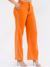 WOMEN'S BUTTON CLOSURE SIDE PEARL DETAILED WIDE LEG PANTS
