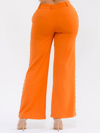 WOMEN'S BUTTON CLOSURE SIDE PEARL DETAILED WIDE LEG PANTS