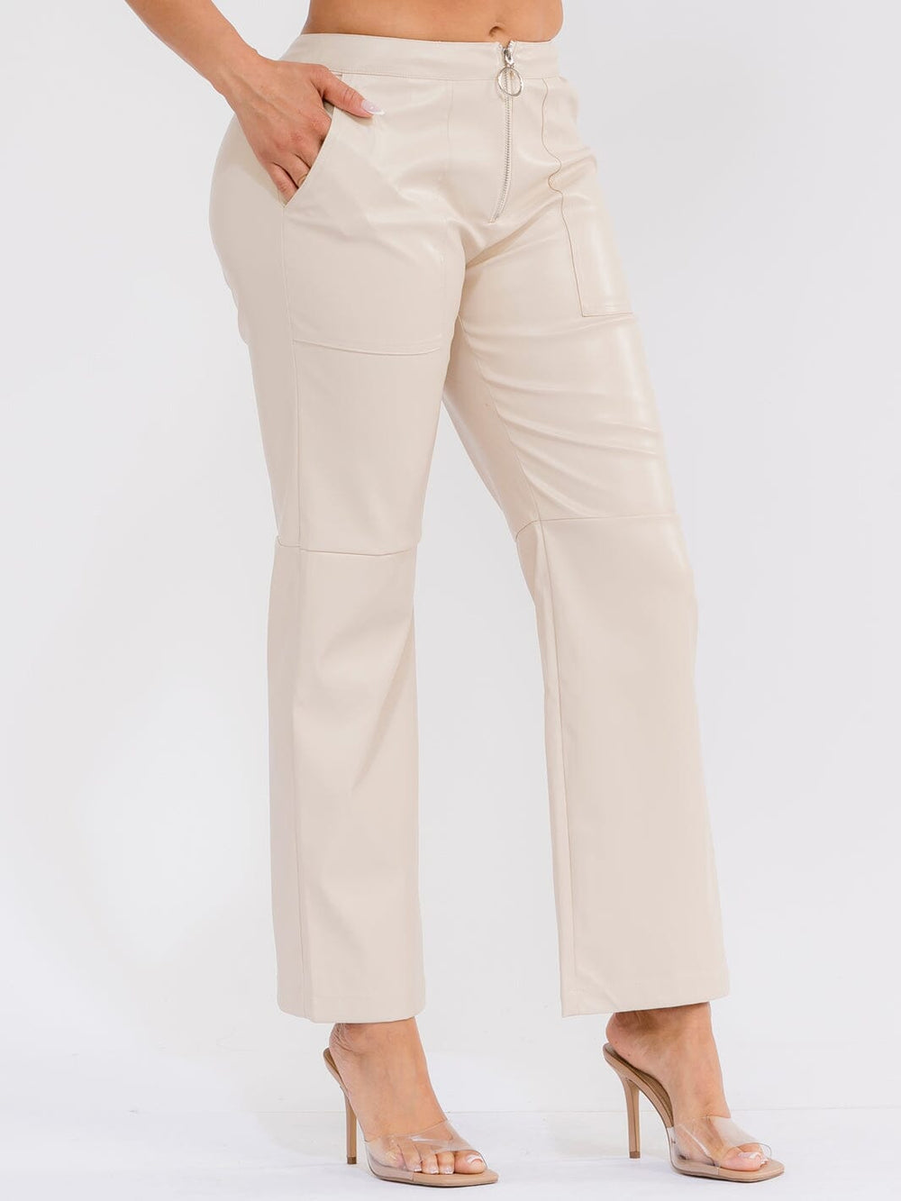 WOMEN'S BUTTON CLOSURE FRONT POCKETS WIDE LEG PU PLEATHER PANTS