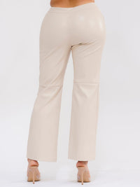 WOMEN'S BUTTON CLOSURE FRONT POCKETS WIDE LEG PU PLEATHER PANTS