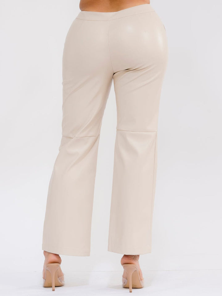 WOMEN'S BUTTON CLOSURE FRONT POCKETS WIDE LEG PU PLEATHER PANTS