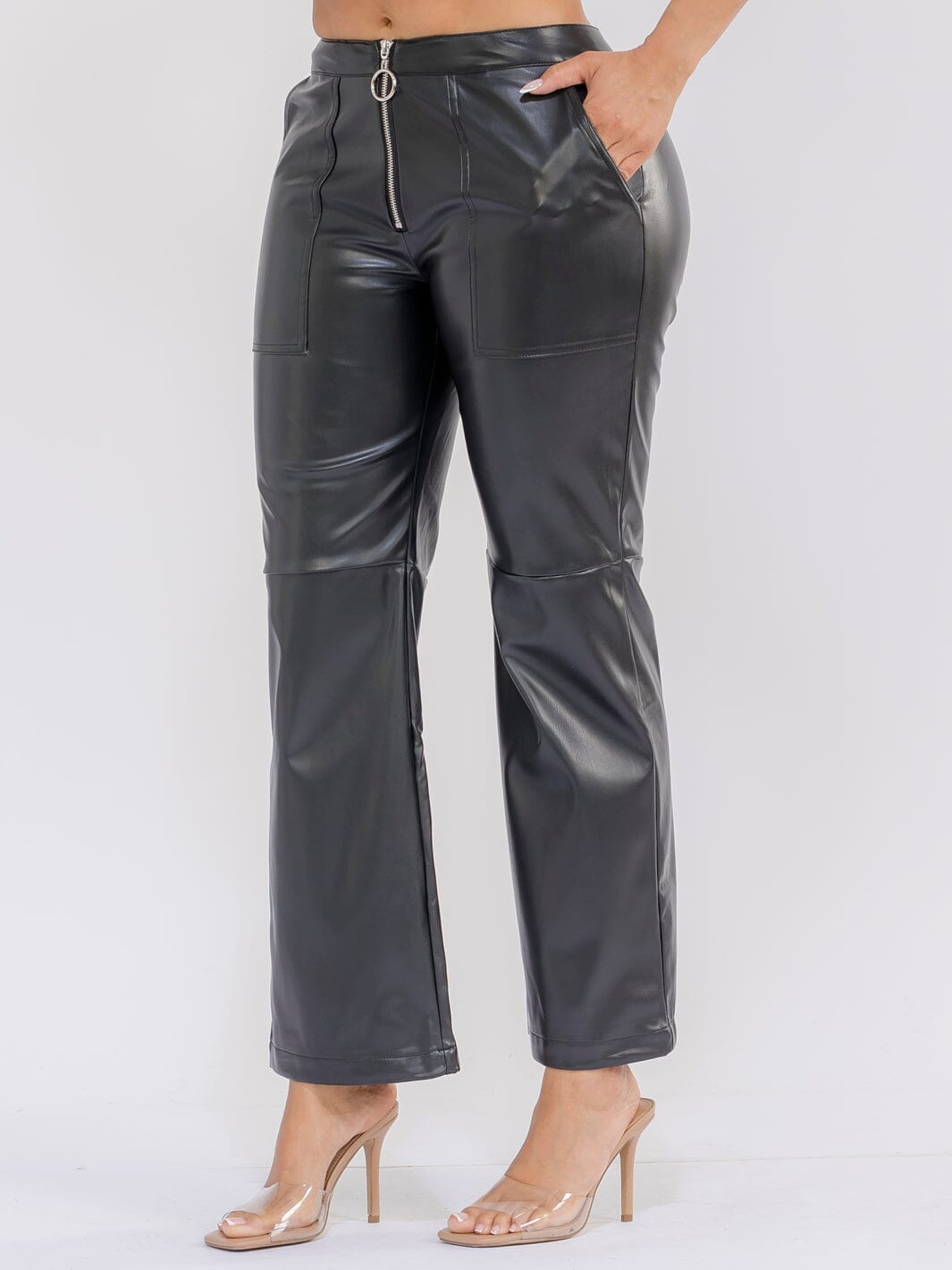 WOMEN'S BUTTON CLOSURE FRONT POCKETS WIDE LEG PU PLEATHER PANTS