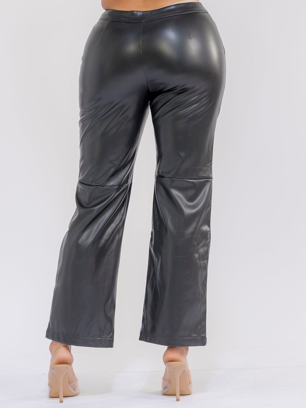 WOMEN'S BUTTON CLOSURE FRONT POCKETS WIDE LEG PU PLEATHER PANTS