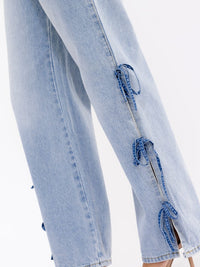 WOMEN'S BUTTON CLOSURE POCKETS WASHED WIDE LEG DETAILED DENIM PANTS