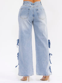WOMEN'S BUTTON CLOSURE POCKETS WASHED WIDE LEG DETAILED DENIM PANTS