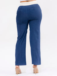 WOMEN'S BUTTON CLOSURE POCKETS STRAIGHT LEG CONTRAST DENIM PANTS