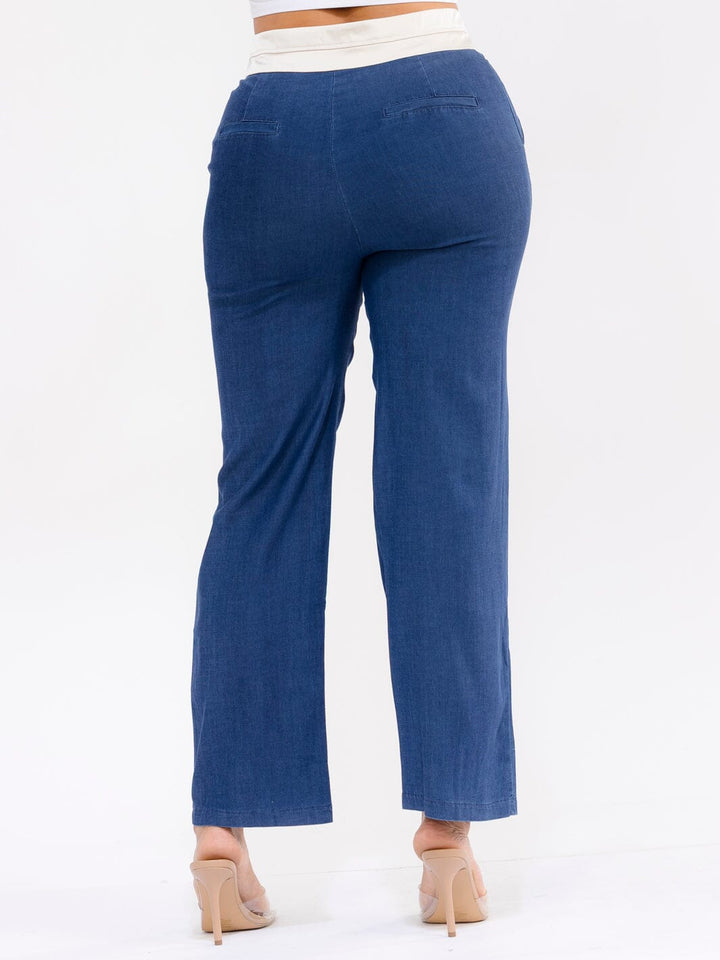 WOMEN'S BUTTON CLOSURE POCKETS STRAIGHT LEG CONTRAST DENIM PANTS
