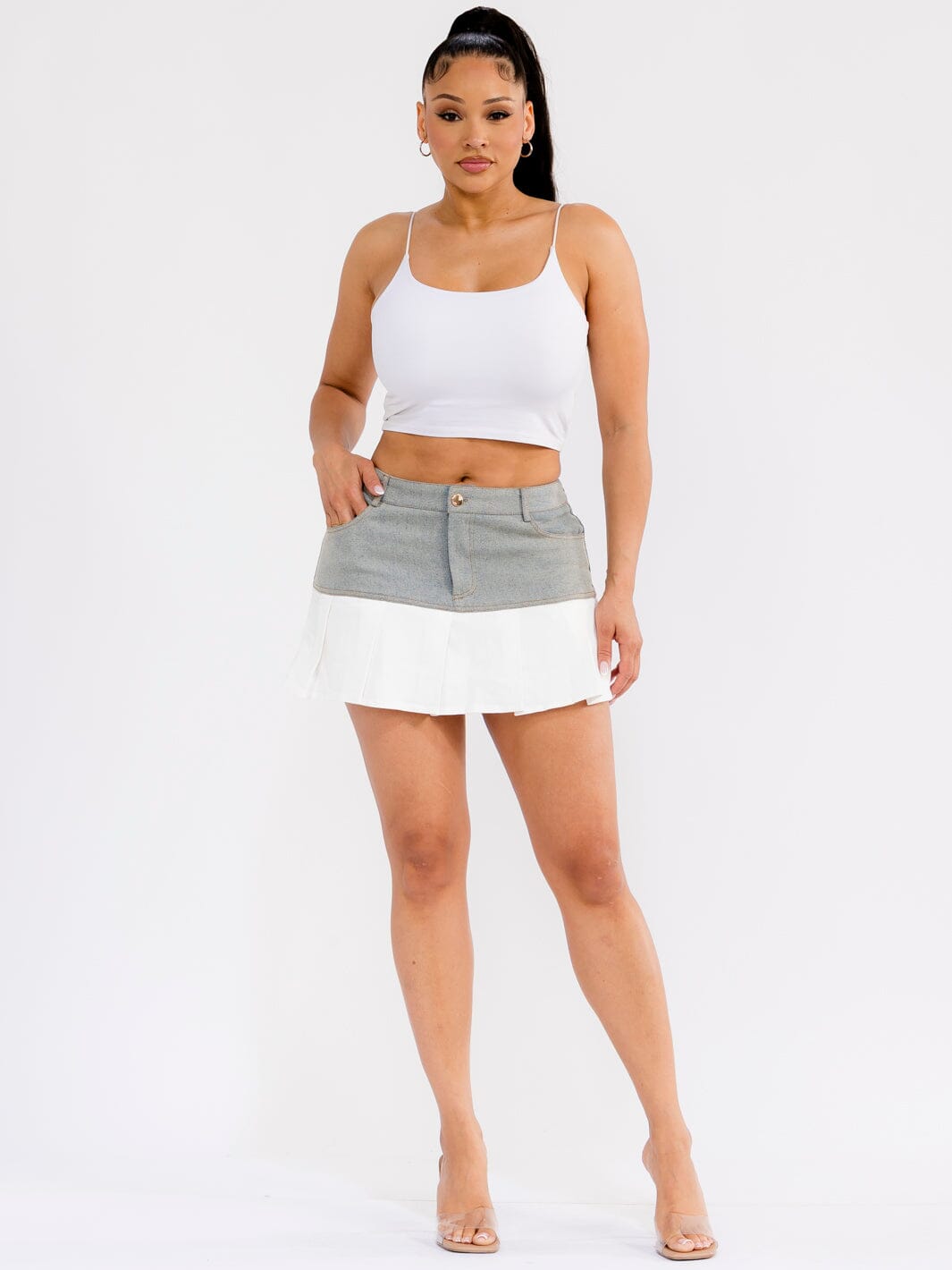 WOMEN'S BUTTON CLOSURE POCKETS DENIM CONTRAST MINI SKIRT