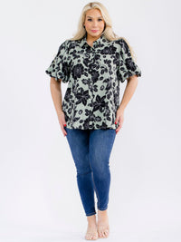 PLUS SIZE SHORT PUFF SLEEVE BUTTON UP FLORAL BLOUSE