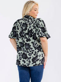 PLUS SIZE SHORT PUFF SLEEVE BUTTON UP FLORAL BLOUSE